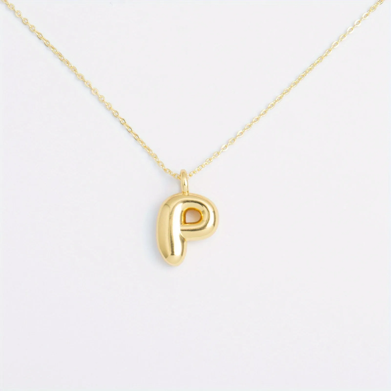 14K Gold Plated Letter Pendant Necklace Minimalist Cute Design, Fashionable Balloon Glossy Surface Chunky Pendant Necklace Jewelry