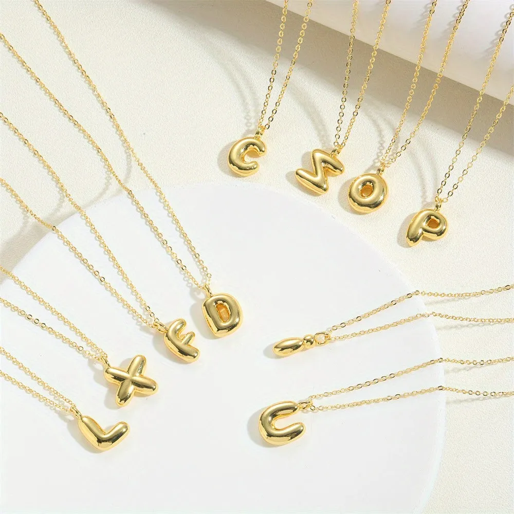 14K Gold Plated Letter Pendant Necklace Minimalist Cute Design, Fashionable Balloon Glossy Surface Chunky Pendant Necklace Jewelry