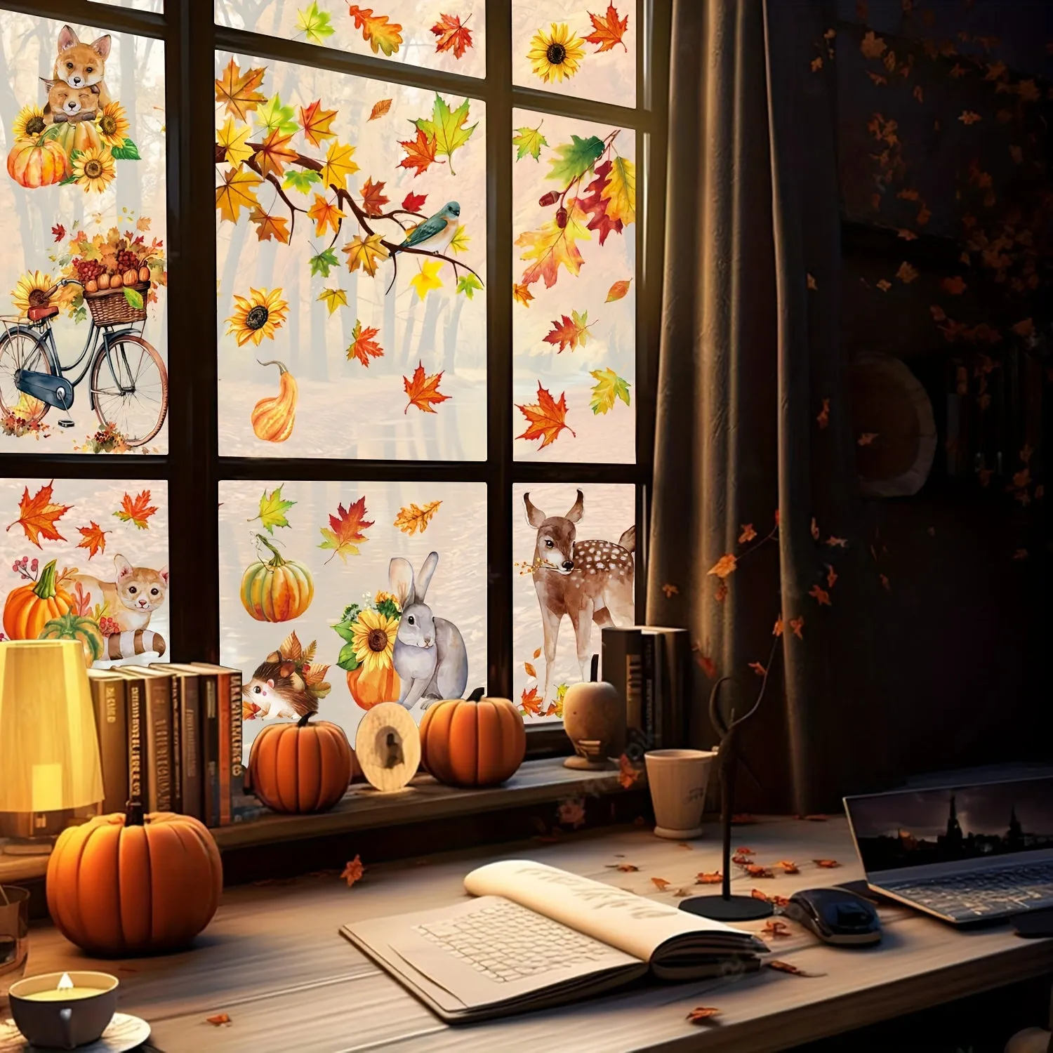 68pcs Autumn Harvest Window Clings Set - Reusable PVC Decals with Maple Leaves, Pumpkins, Hedgehogs, Deer & Rabbits for Thanksgiving Decor | Double-Sided, 9 Sheets of Festive Home & Office Window Stickers