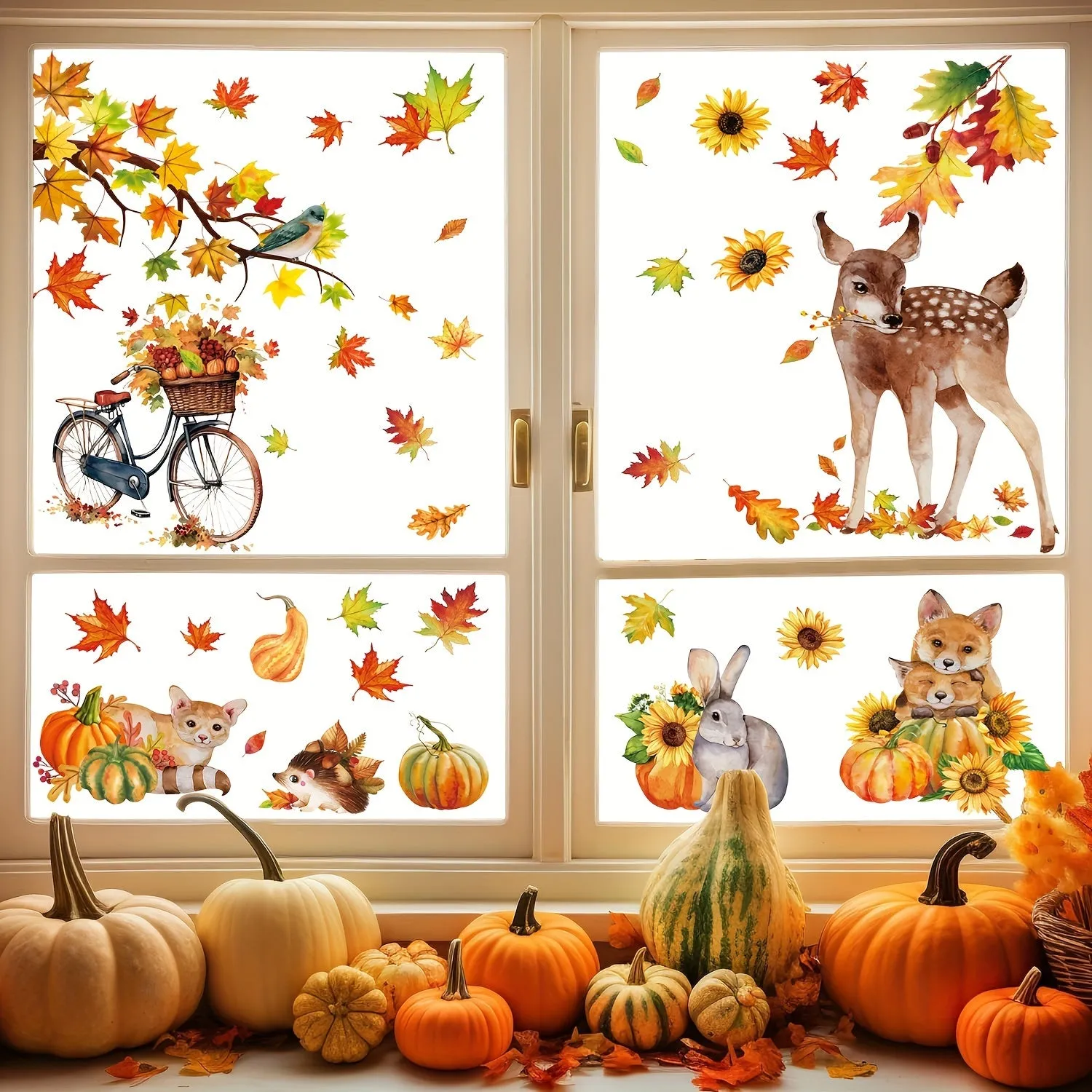 68pcs Autumn Harvest Window Clings Set - Reusable PVC Decals with Maple Leaves, Pumpkins, Hedgehogs, Deer & Rabbits for Thanksgiving Decor | Double-Sided, 9 Sheets of Festive Home & Office Window Stickers