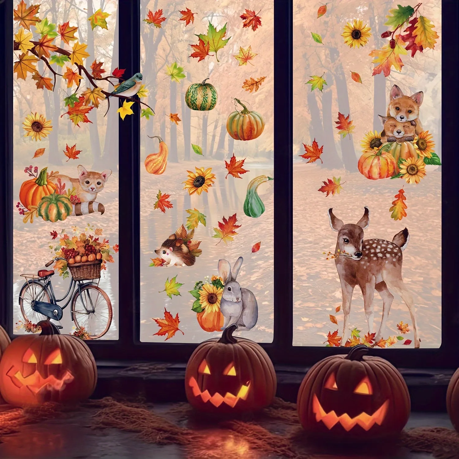 68pcs Autumn Harvest Window Clings Set - Reusable PVC Decals with Maple Leaves, Pumpkins, Hedgehogs, Deer & Rabbits for Thanksgiving Decor | Double-Sided, 9 Sheets of Festive Home & Office Window Stickers