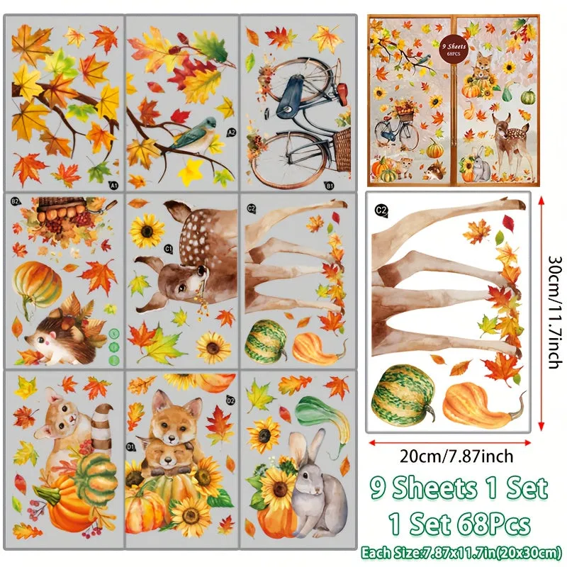 68pcs Autumn Harvest Window Clings Set - Reusable PVC Decals with Maple Leaves, Pumpkins, Hedgehogs, Deer & Rabbits for Thanksgiving Decor | Double-Sided, 9 Sheets of Festive Home & Office Window Stickers