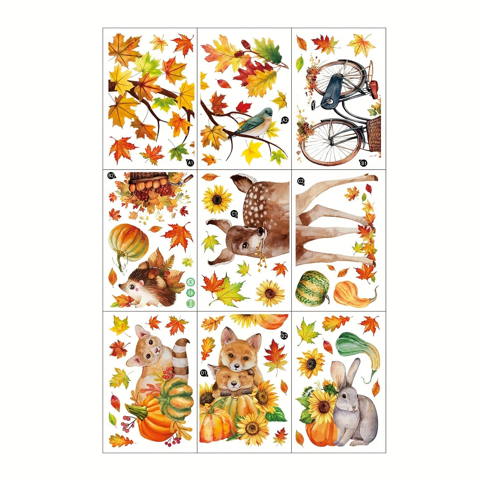 68pcs Autumn Harvest Window Clings Set - Reusable PVC Decals with Maple Leaves, Pumpkins, Hedgehogs, Deer & Rabbits for Thanksgiving Decor | Double-Sided, 9 Sheets of Festive Home & Office Window Stickers