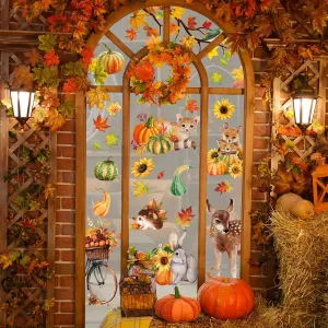 68pcs Autumn Harvest Window Clings Set - Reusable PVC Decals with Maple Leaves, Pumpkins, Hedgehogs, Deer & Rabbits for Thanksgiving Decor | Double-Sided, 9 Sheets of Festive Home & Office Window Stickers