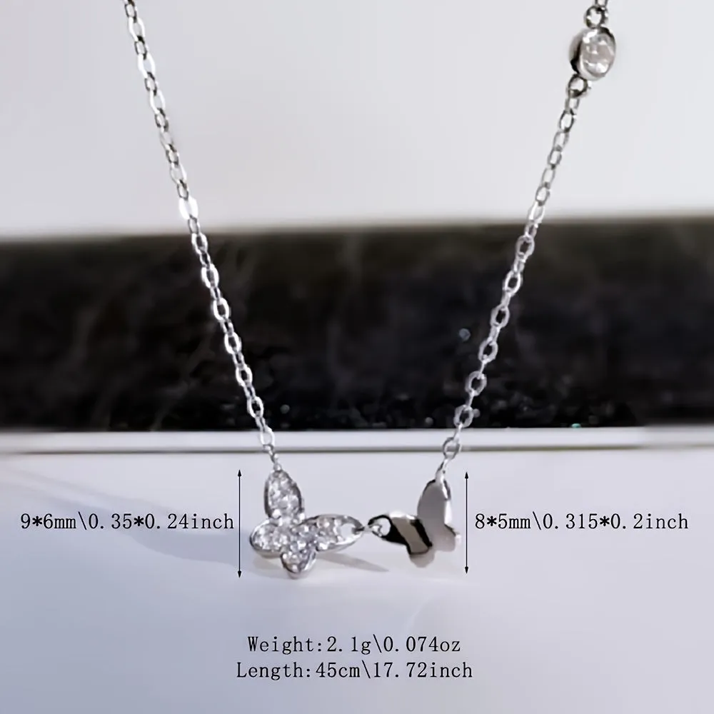 925 sterling silver plated exquisite necklace for women, elegant and simple shiny glossy double butterfly pendant clavicle chain Valentine's Day gift delivery gift box