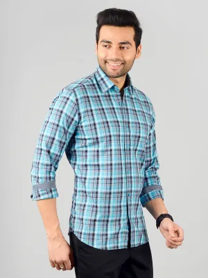 Aqua Blue Checked Slim Fit Casual Shirt | JadeBlue