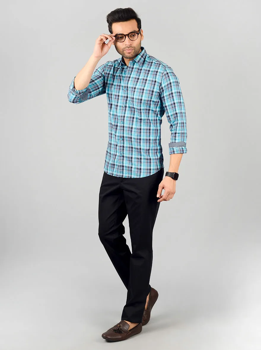 Aqua Blue Checked Slim Fit Casual Shirt | JadeBlue