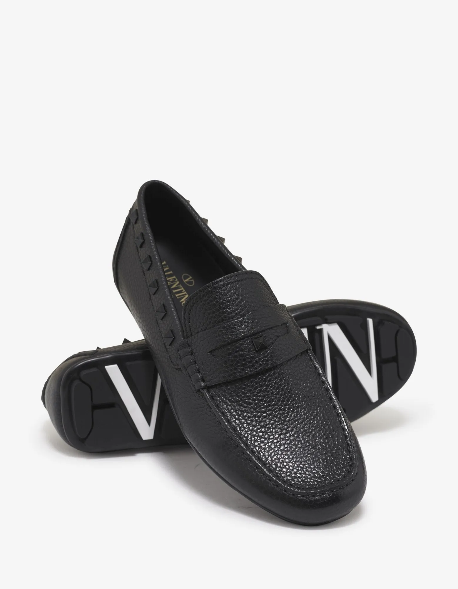 Black Grain Leather Rockstud Driving Shoes