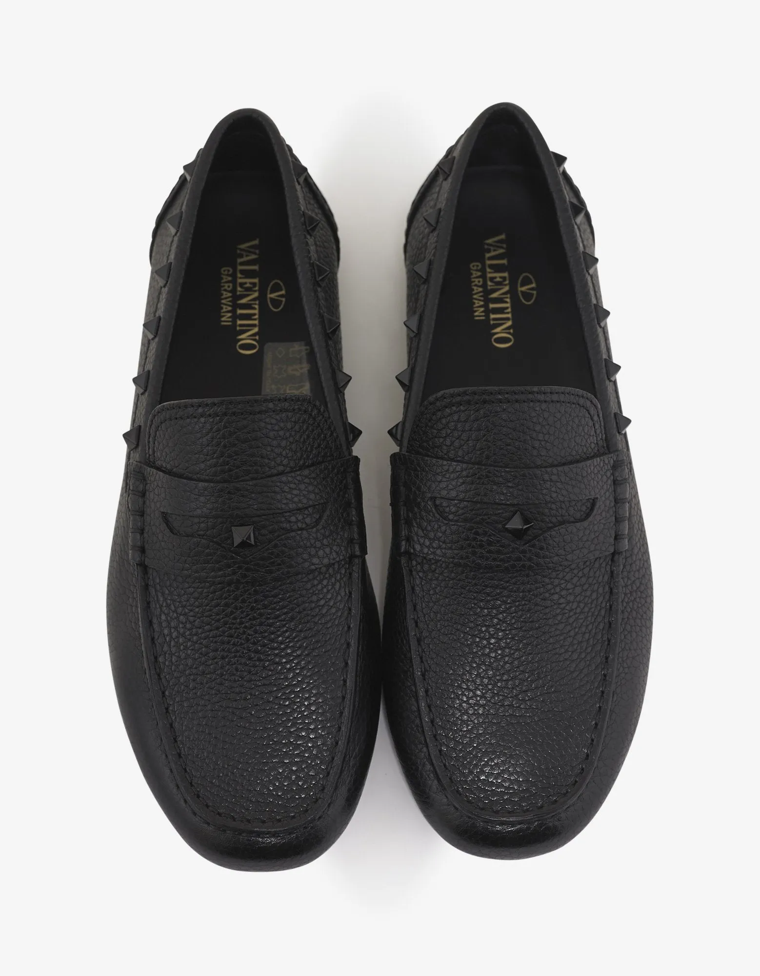 Black Grain Leather Rockstud Driving Shoes