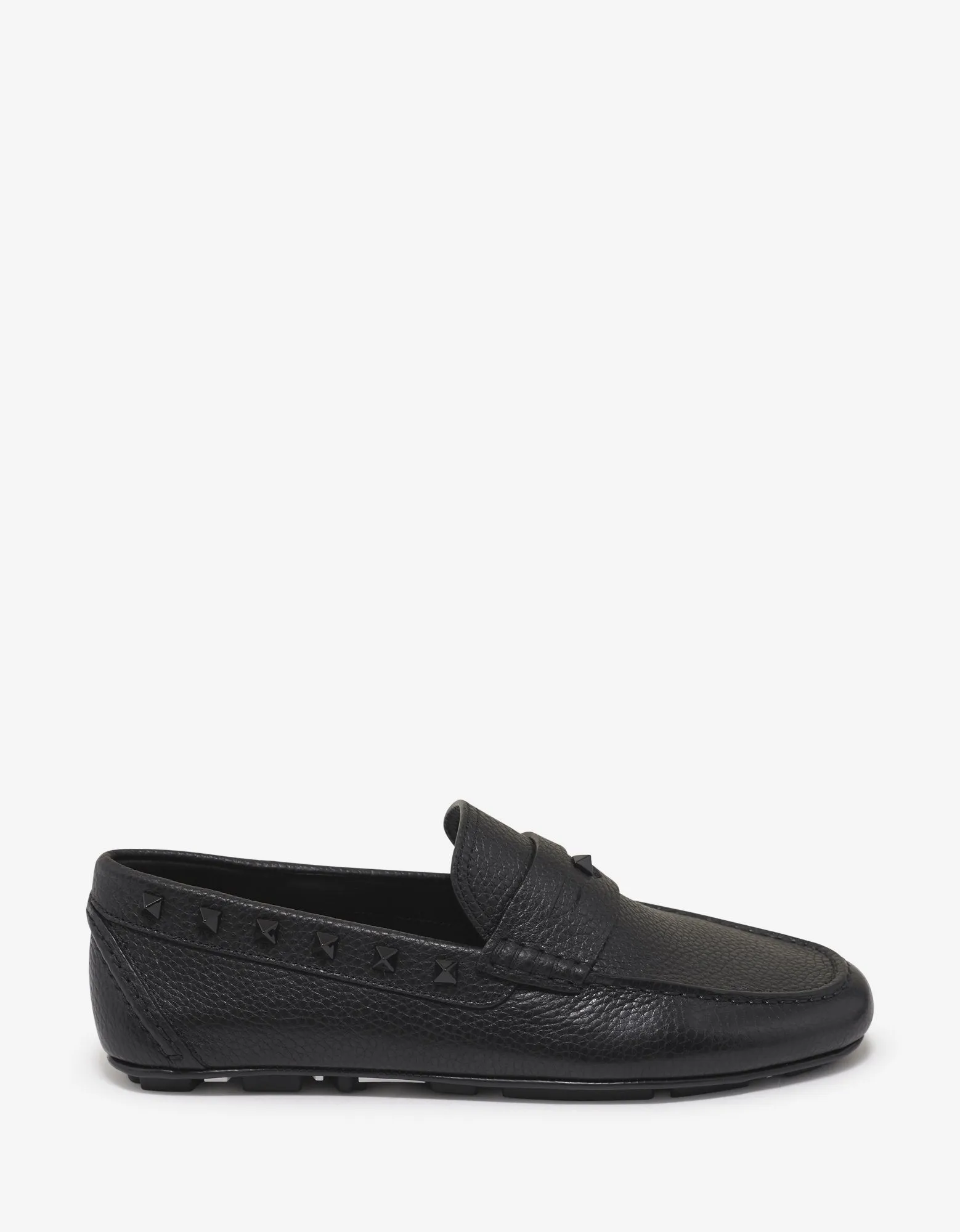 Black Grain Leather Rockstud Driving Shoes