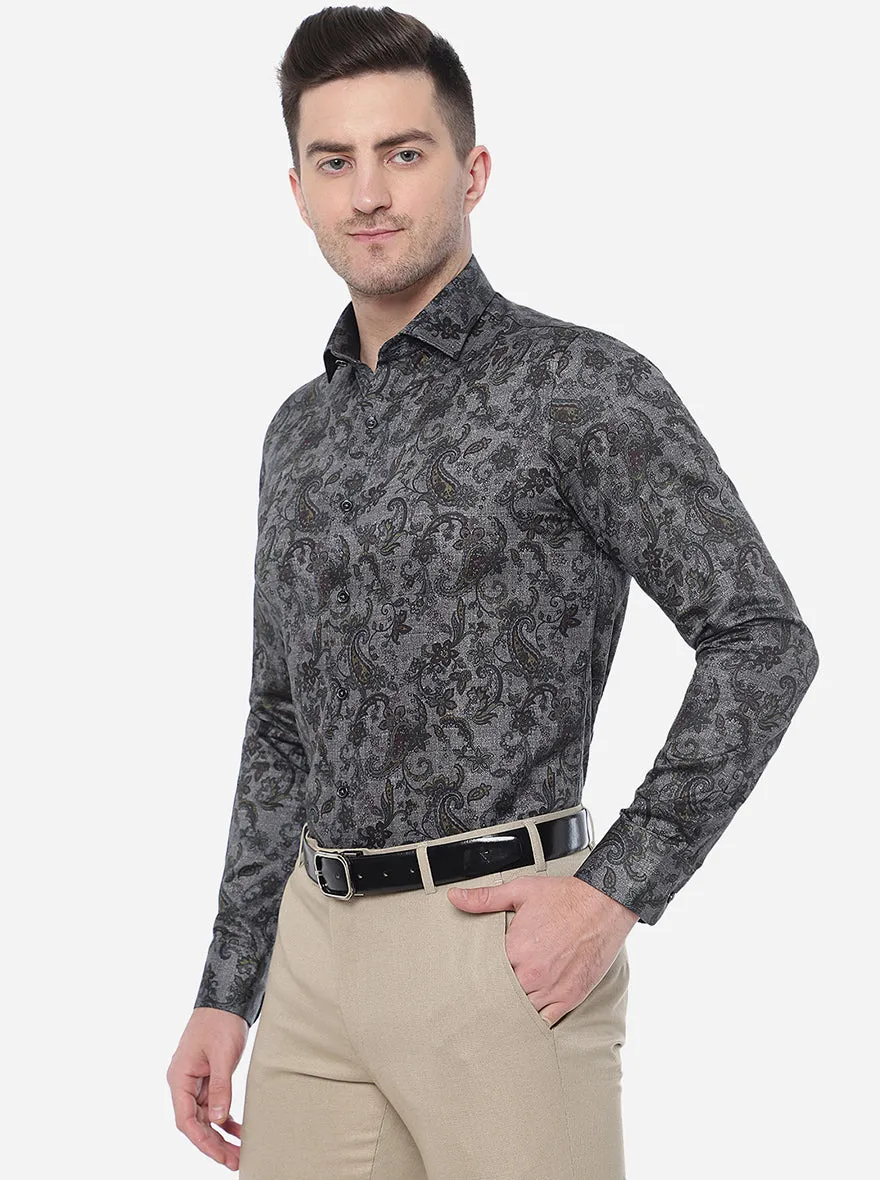 Brown & Grey Printed Slim Fit Party Wear Shirt | JB Studio