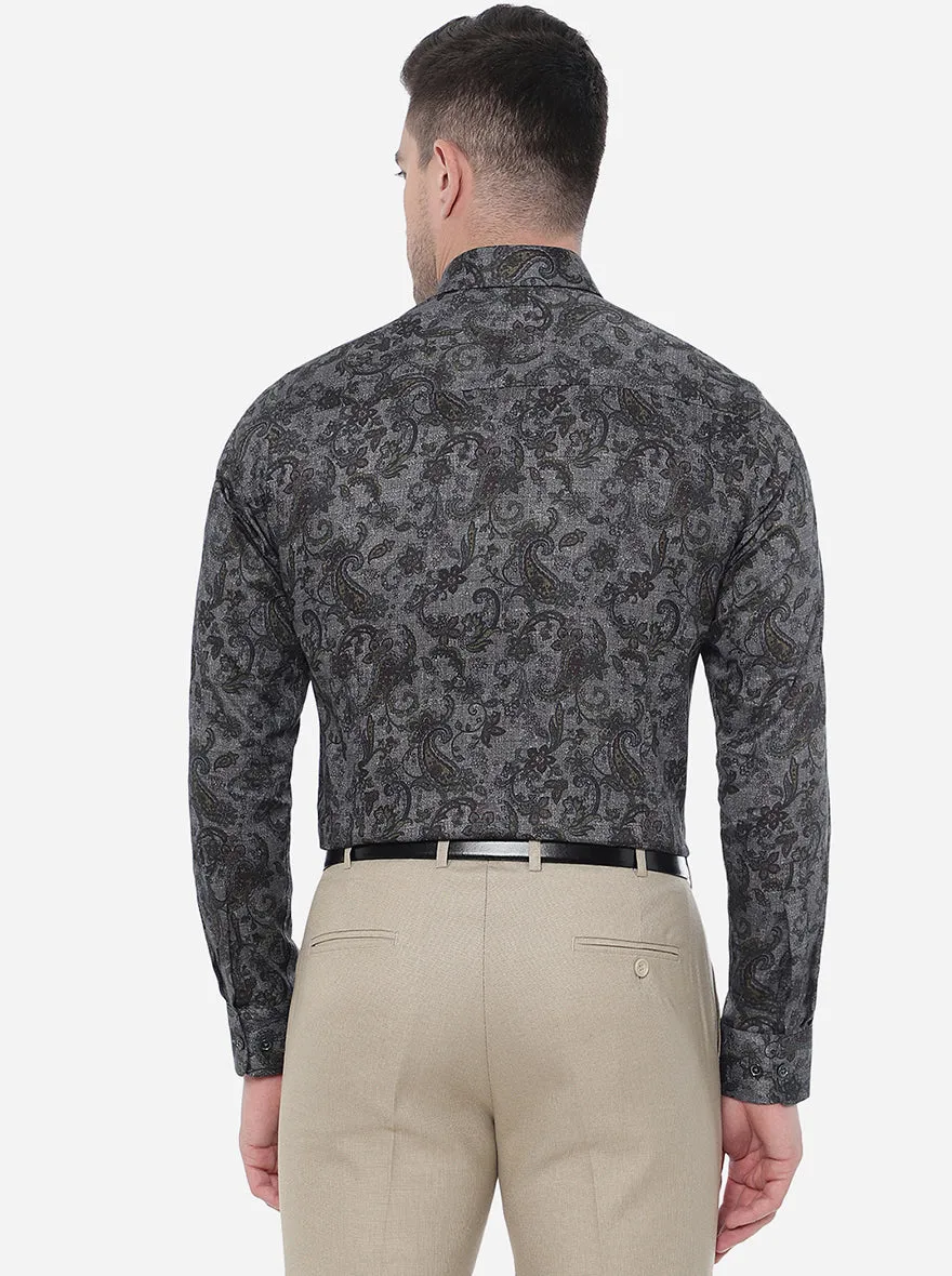 Brown & Grey Printed Slim Fit Party Wear Shirt | JB Studio