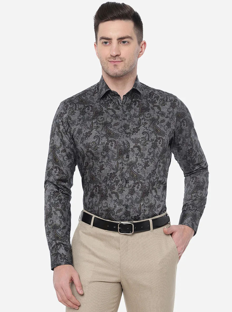 Brown & Grey Printed Slim Fit Party Wear Shirt | JB Studio