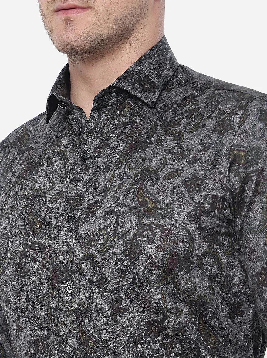 Brown & Grey Printed Slim Fit Party Wear Shirt | JB Studio