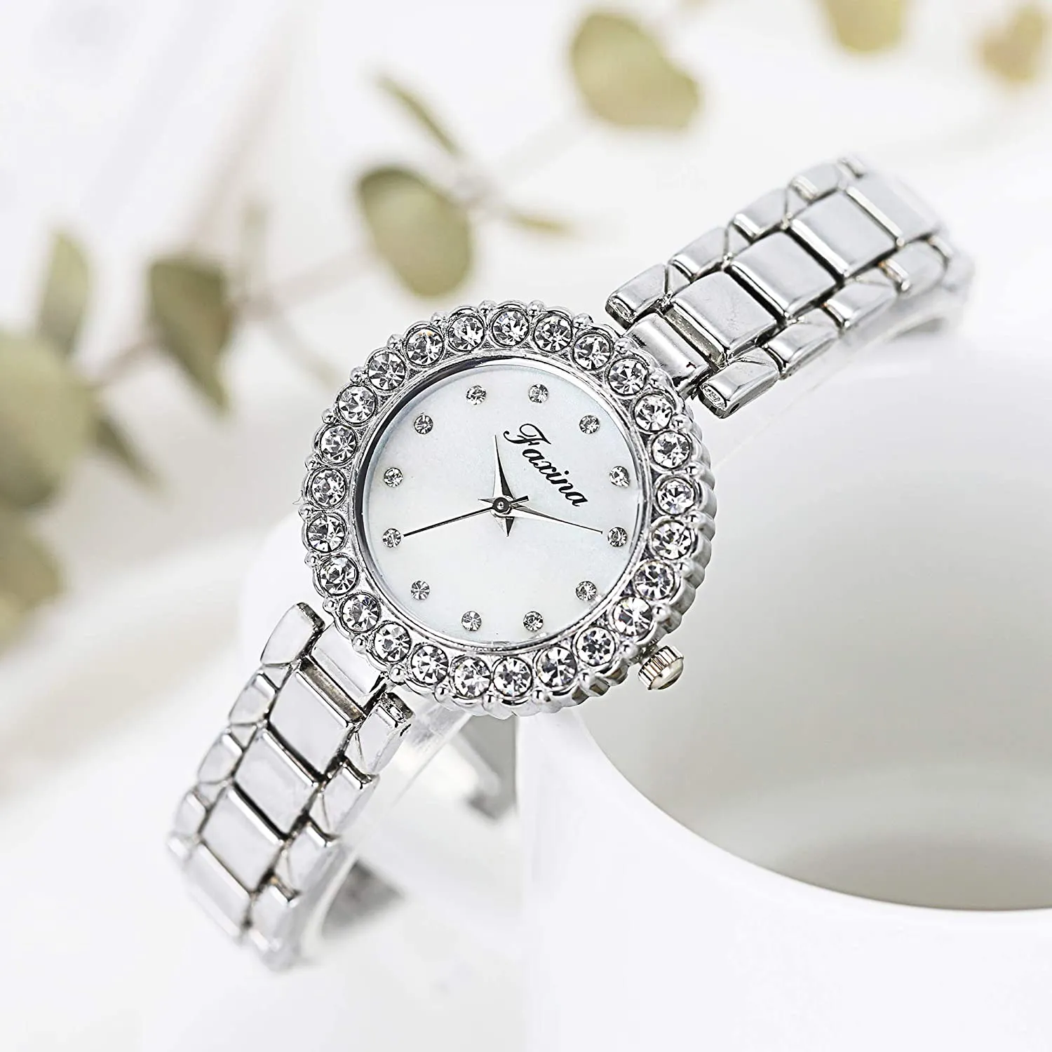 Clastyle Elegant Watch and Bracelet Set for Women Rose Gold Rhinestone Wrist Watch with Bangles Mother of Pearl Ladies Bracelet Watches