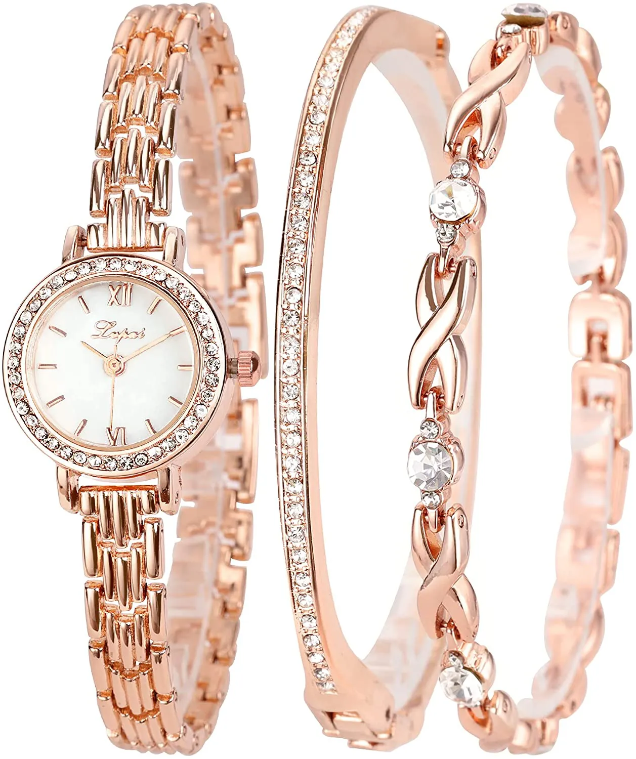 Clastyle Elegant Watch and Bracelet Set for Women Rose Gold Rhinestone Wrist Watch with Bangles Mother of Pearl Ladies Bracelet Watches