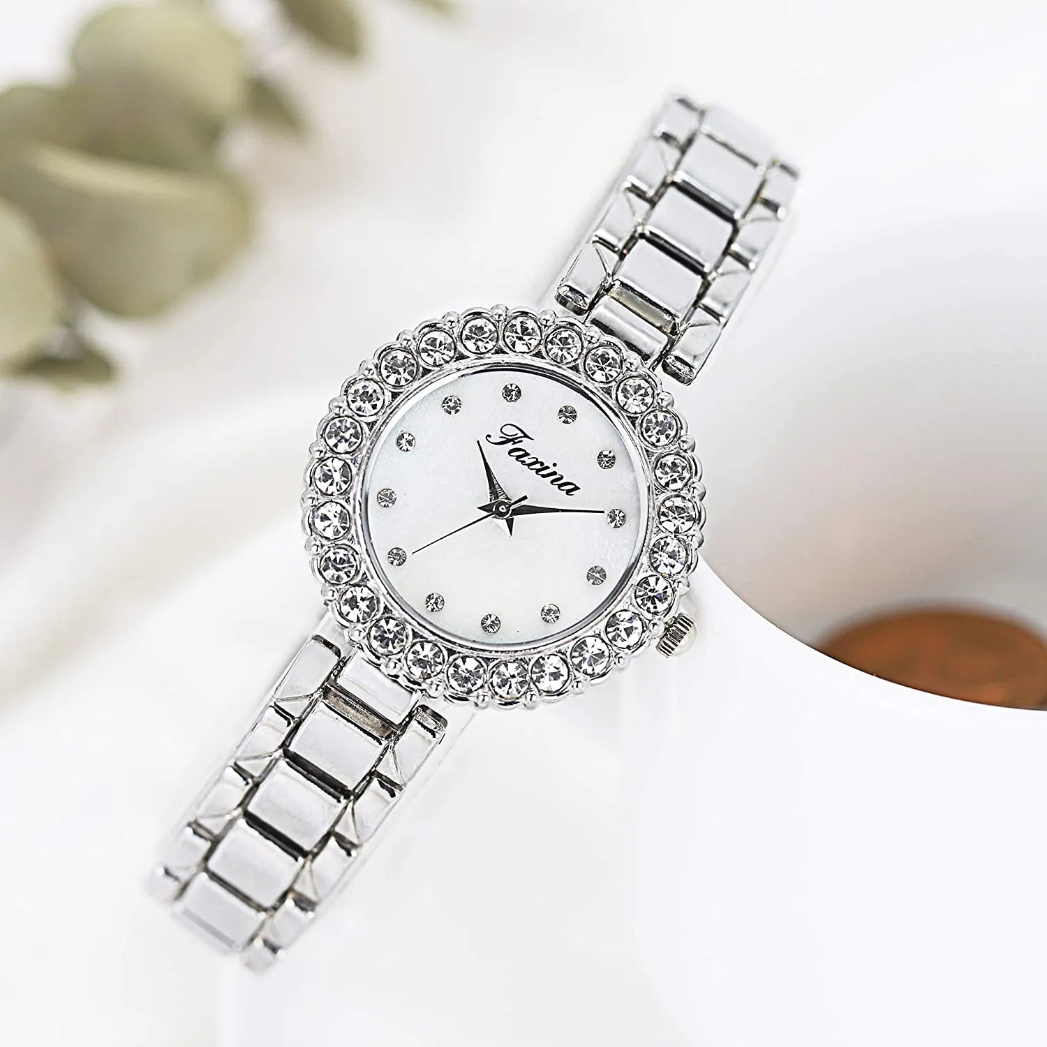 Clastyle Elegant Watch and Bracelet Set for Women Rose Gold Rhinestone Wrist Watch with Bangles Mother of Pearl Ladies Bracelet Watches