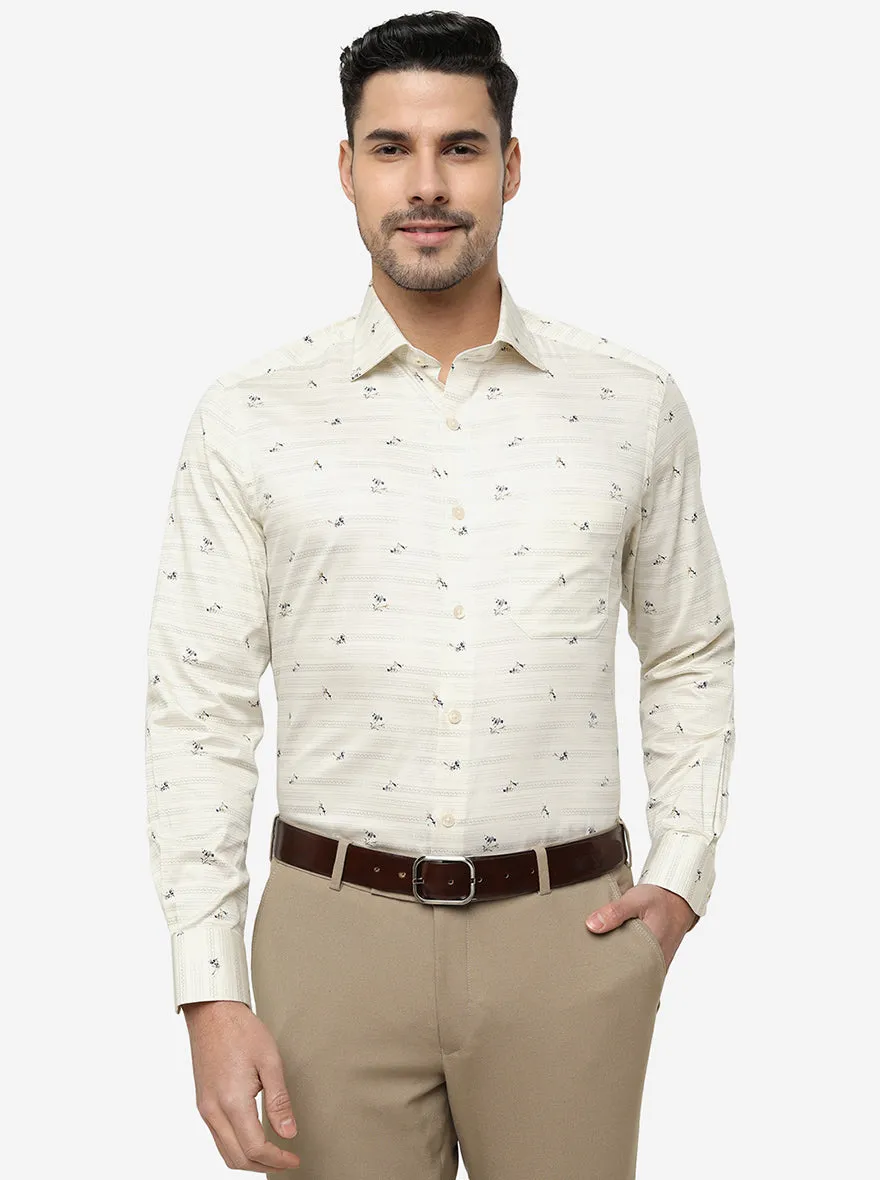 Cream Printed Slim Fit Formal Shirt | Metal