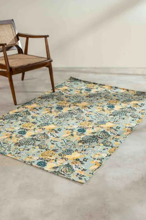 Damask Rose Printed Rug (Grey And Mint)