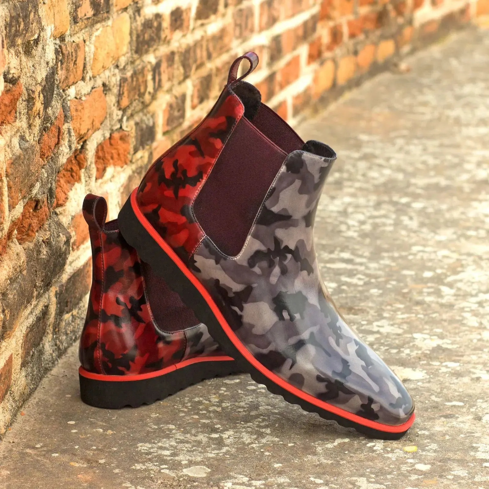 DapperFam Monza in Grey Camo / Burgundy Camo Men's Hand-Painted Patina Chelsea Boot