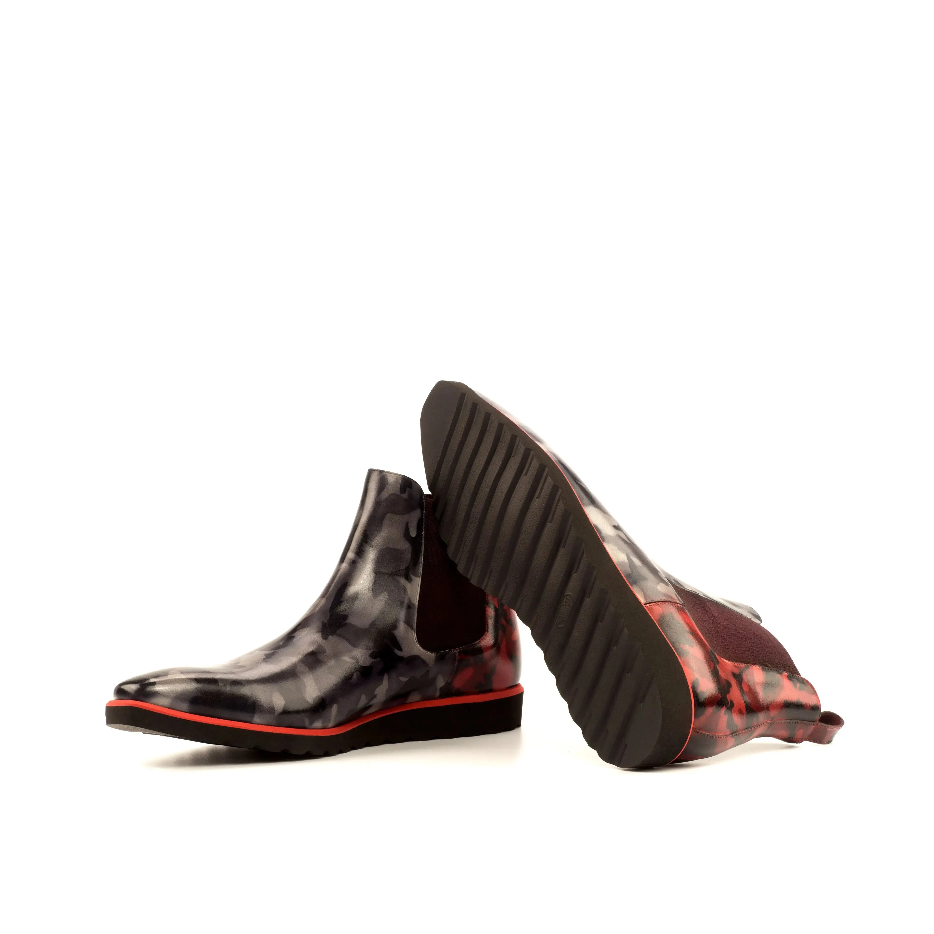 DapperFam Monza in Grey Camo / Burgundy Camo Men's Hand-Painted Patina Chelsea Boot