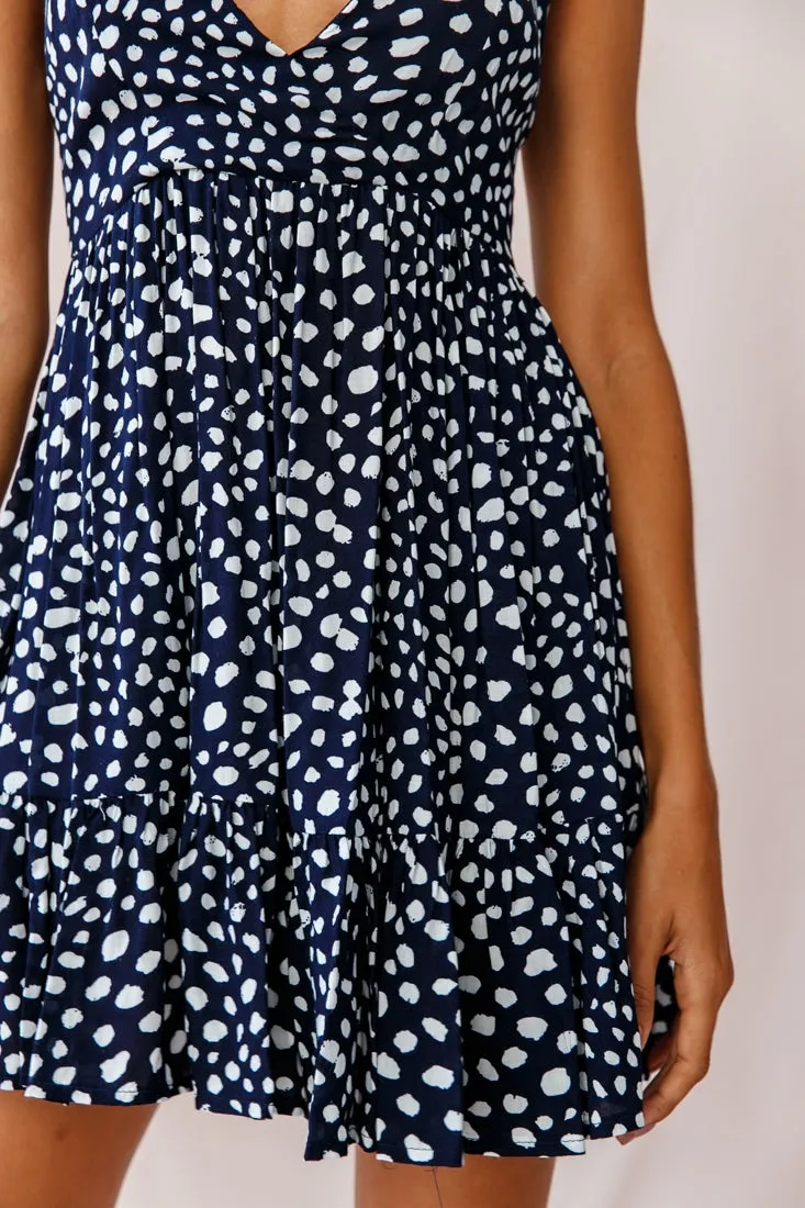 Elin Fit And Flare Halterneck Dress Animal Print Navy