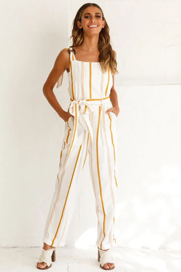 Fresno Straight Leg Pinafore Jumpsuit Stripe Print Mustard