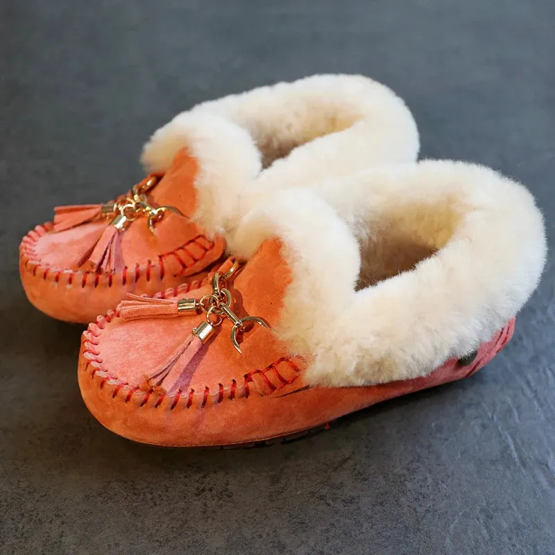 Genuine Leather Women Flats Casual Plus Size Driving Moccasins Natural Fur Wool Women Loafers Fashion Comfortable Shoes Woman