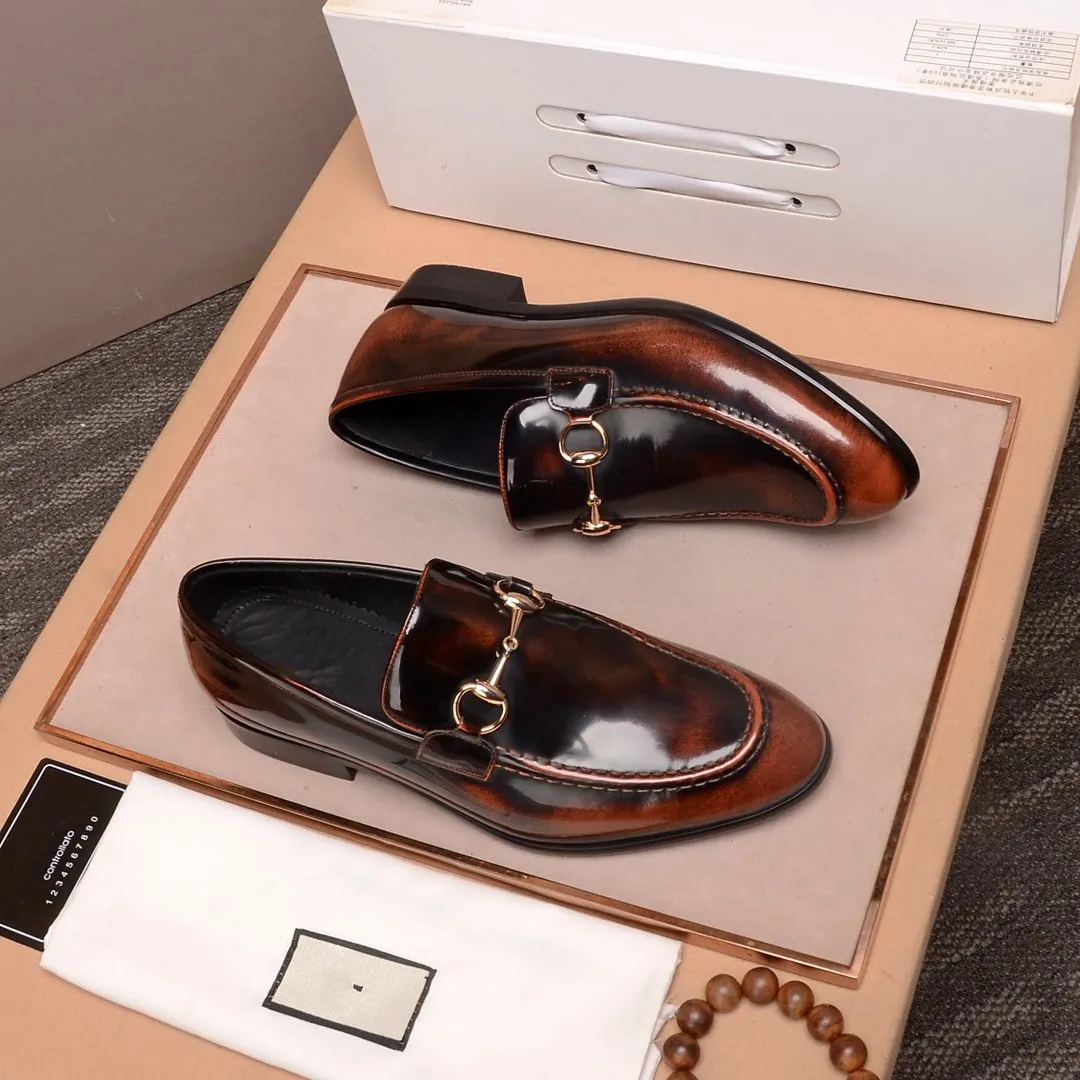 GG BROWN GLOSSY COWHIDE POINTED TOE MEN'S OFFICE SHOES