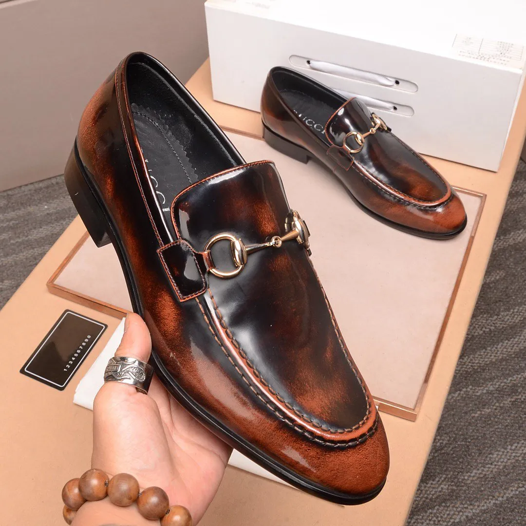 GG BROWN GLOSSY COWHIDE POINTED TOE MEN'S OFFICE SHOES