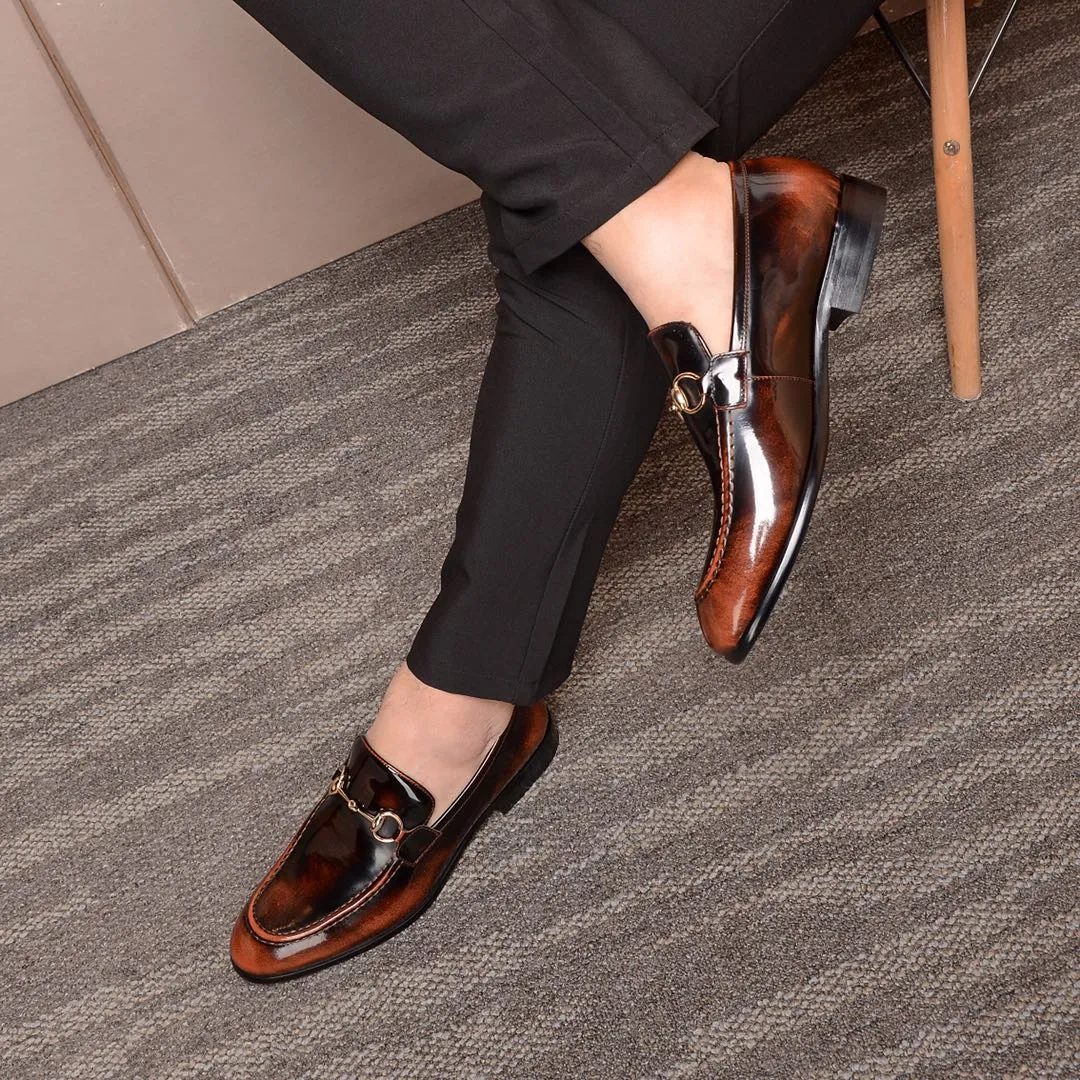 GG BROWN GLOSSY COWHIDE POINTED TOE MEN'S OFFICE SHOES