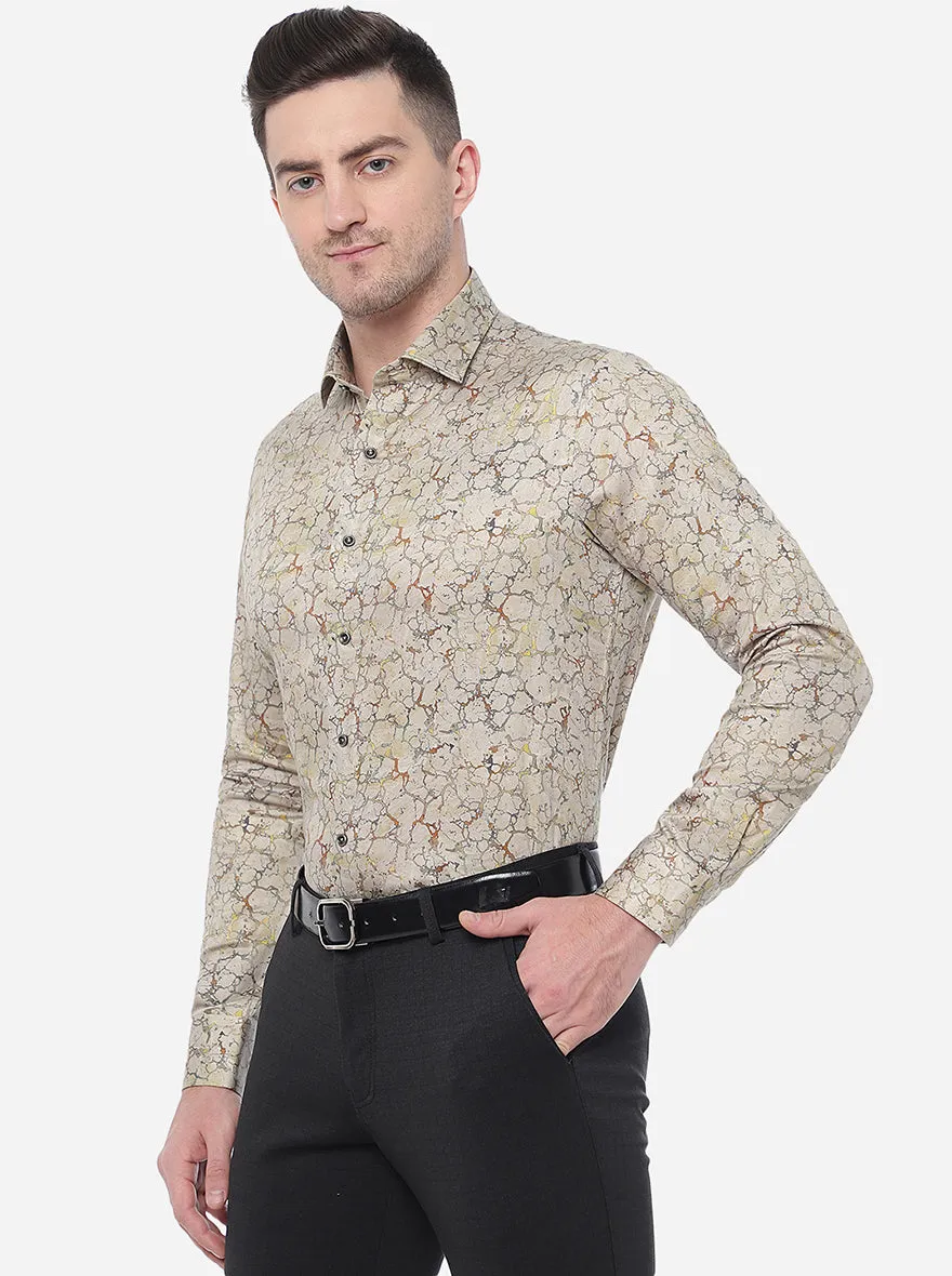 Golden Beige Printed Slim Fit Party Wear Shirt | JB Studio