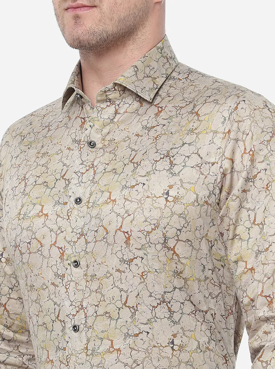 Golden Beige Printed Slim Fit Party Wear Shirt | JB Studio