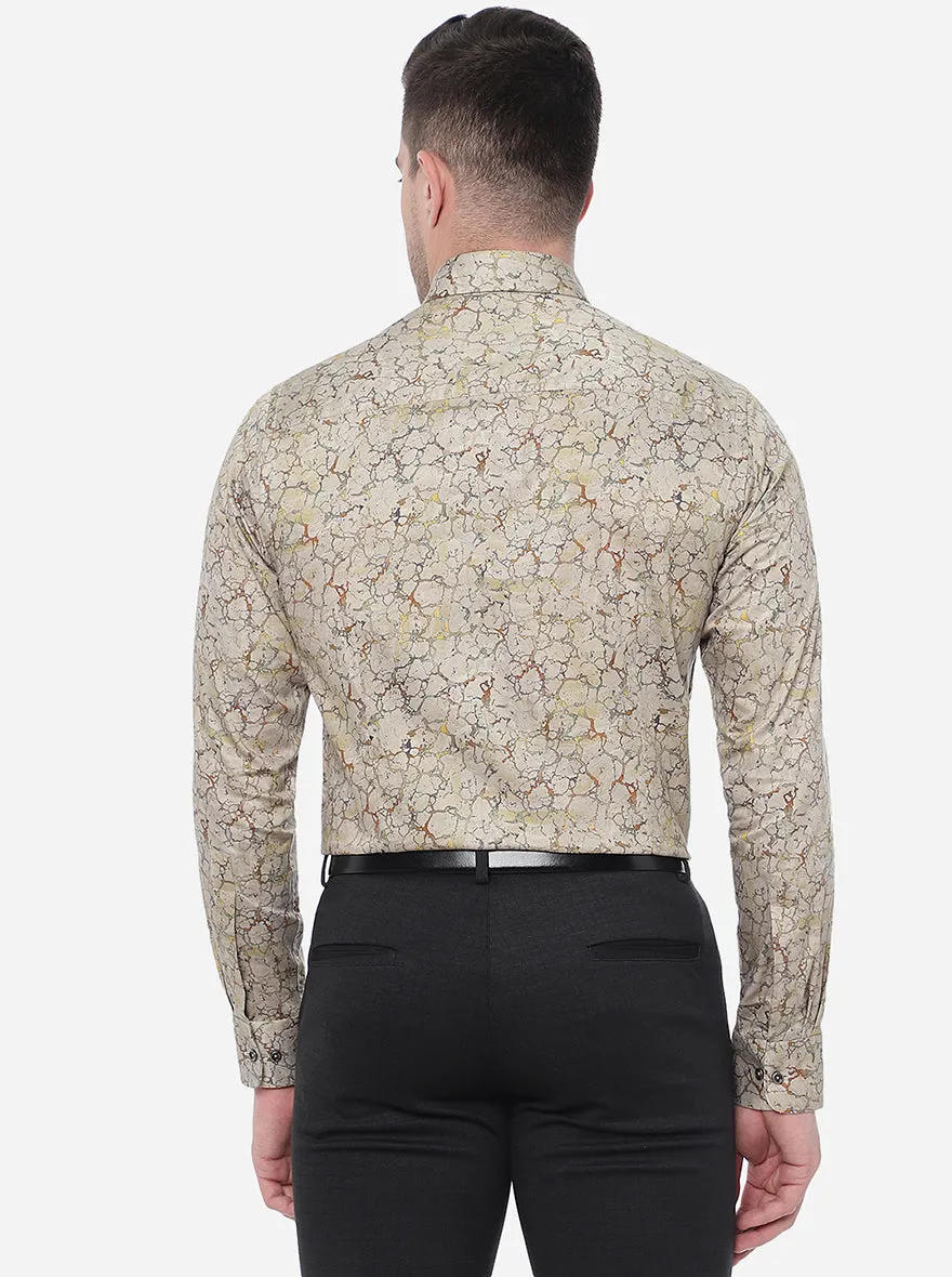 Golden Beige Printed Slim Fit Party Wear Shirt | JB Studio