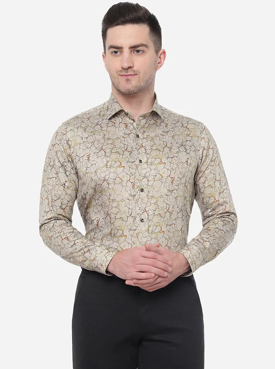 Golden Beige Printed Slim Fit Party Wear Shirt | JB Studio