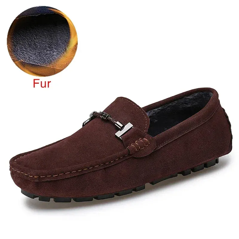 Handmade Men Loafers Luxury Genuine Leather Casual Shoes Comfortable Soft Driving Shoes Warm Fur Plus Office Moccasins v2