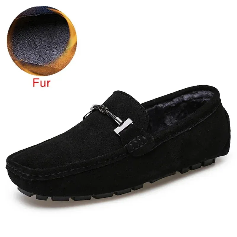 Handmade Men Loafers Luxury Genuine Leather Casual Shoes Comfortable Soft Driving Shoes Warm Fur Plus Office Moccasins v2