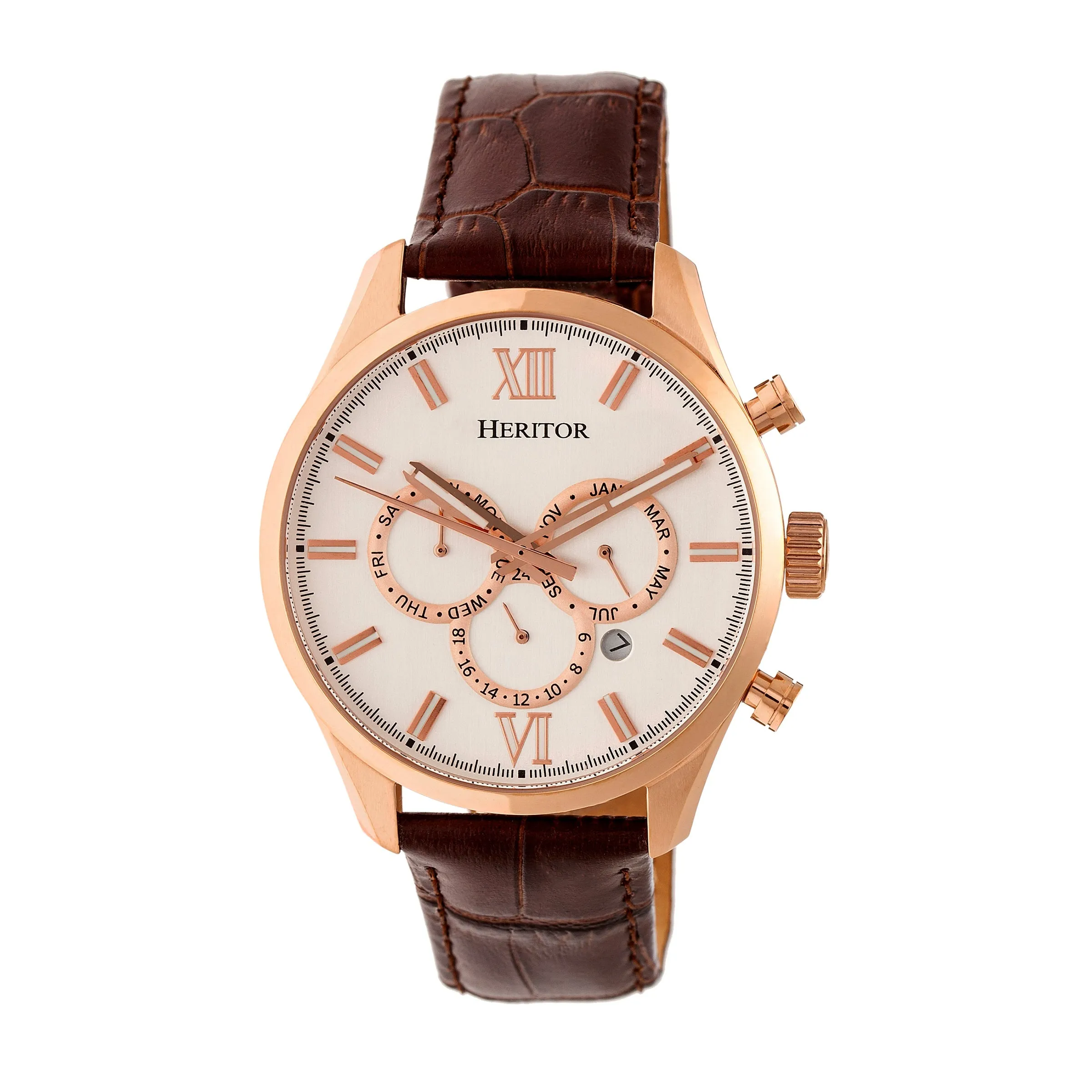 Heritor Automatic Benedict Leather-Band Watch w/ Day/Date - Rose Gold/Silver