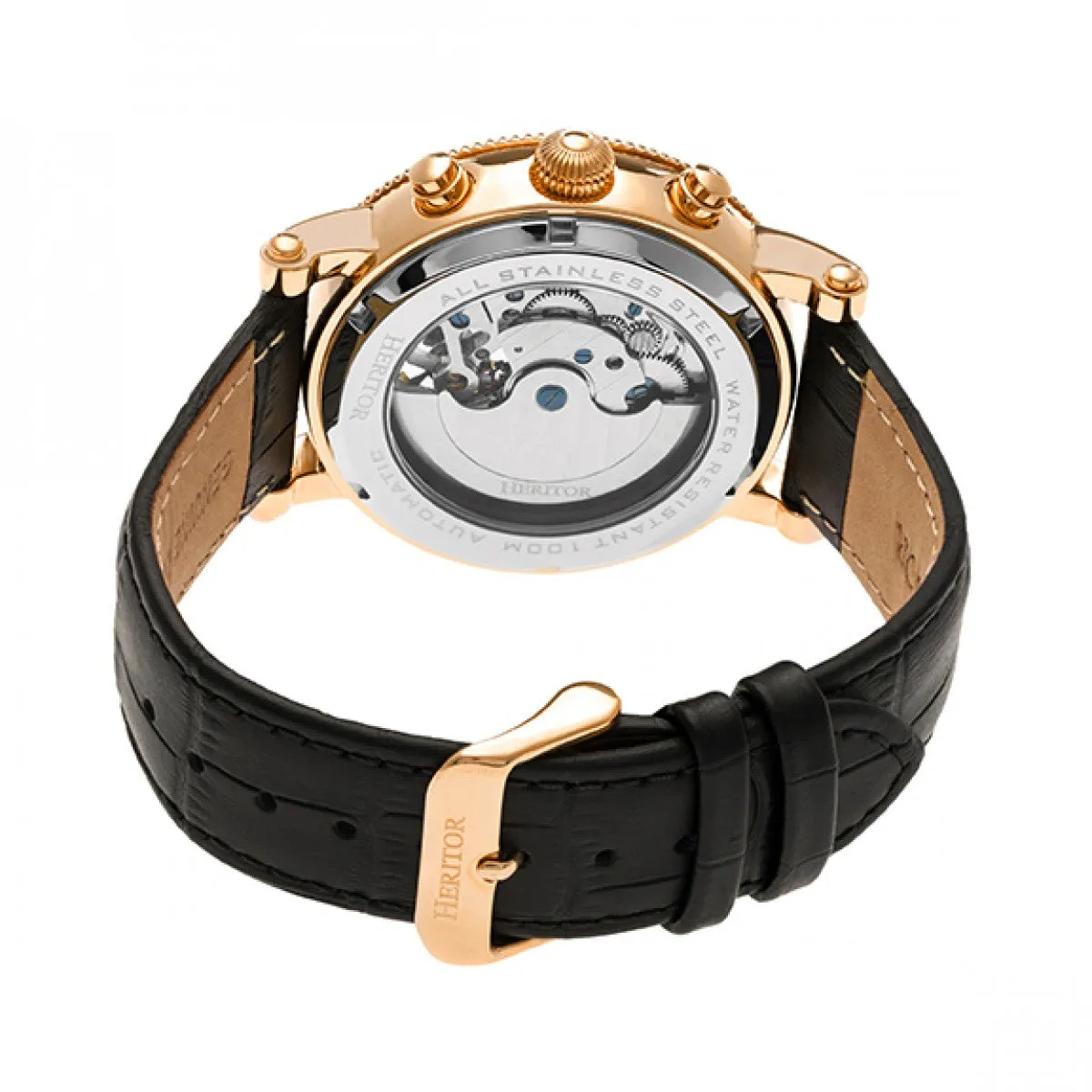 Heritor Automatic Winston Semi-Skeleton Leather-Band Watch - Rose Gold/Black