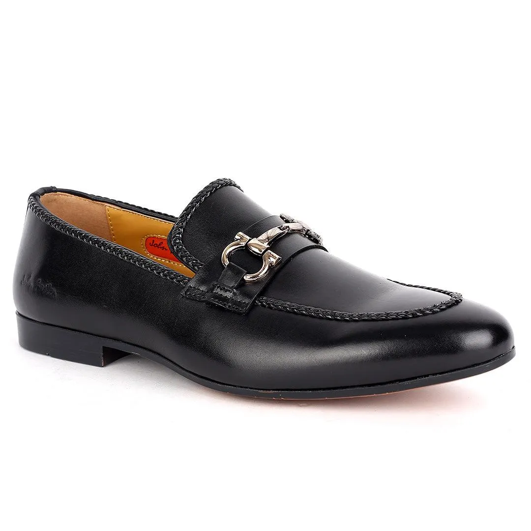 John Foster Elegant Black Textile Designed Leather Shoe