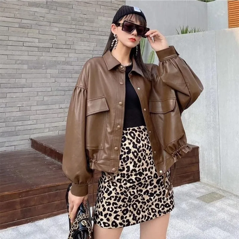 Joskaa Black Friday Sales Fashion Leather Jacket Women Korean Casual Streetwear Biker Jacket Harajuku Y2K Loose Outwear Leather Moto Jacket Autumn