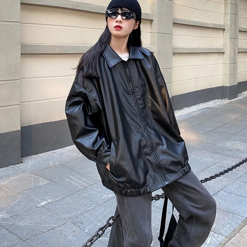 Joskaa Black Friday Sales Korean Black Leather Jacket Women Winter Long Women's Moto Biker Zipper Jacket Streetwear Harajuku Y2K Loose Women's Coat