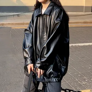 Joskaa Black Friday Sales Korean Black Leather Jacket Women Winter Long Women's Moto Biker Zipper Jacket Streetwear Harajuku Y2K Loose Women's Coat