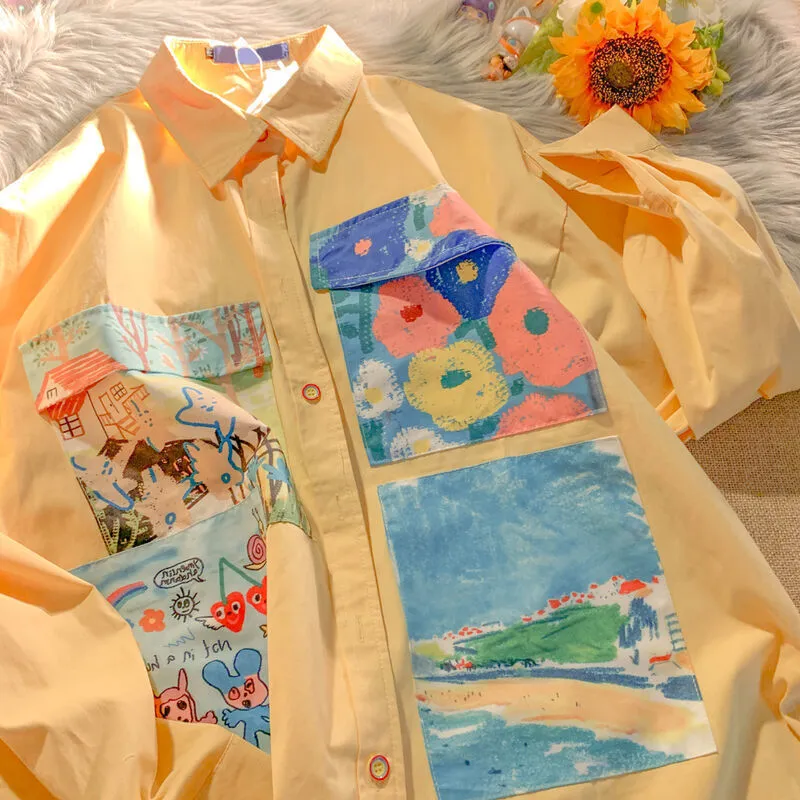 Joskaa  Yellow Oil Painting Print Shirts Women Spring Autumn Thin Loose Button Up Blouses Long Sleeved Oversize Shirt for Teenage Girls