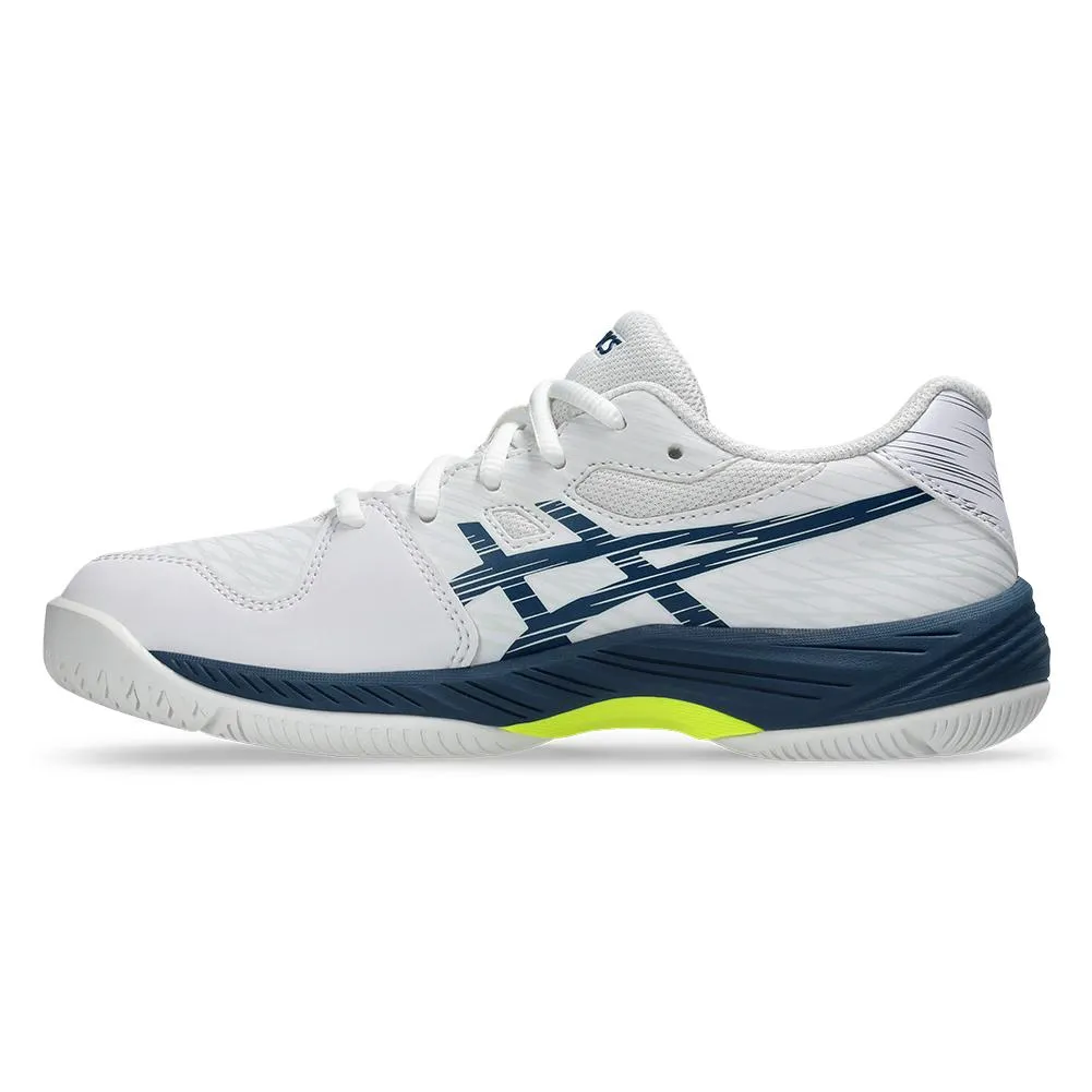 Juniors Gel-Game 9 GS Tennis Shoes White and Mako Blue