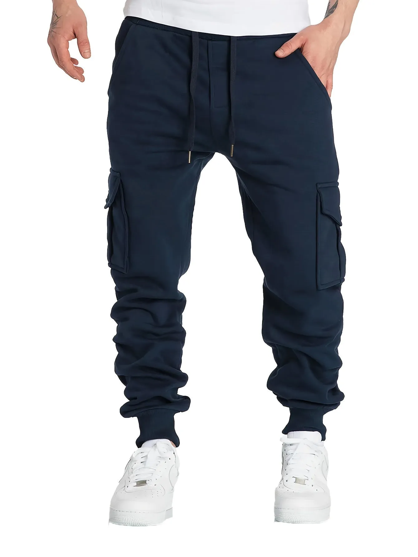 Men's Fleece Cargo Jogger Pants - Soft, Warm, Loose-Fit, Flap Pocket, Drawstring Waist, Trendy Design, Perfect for Winter Work and Casual Wear