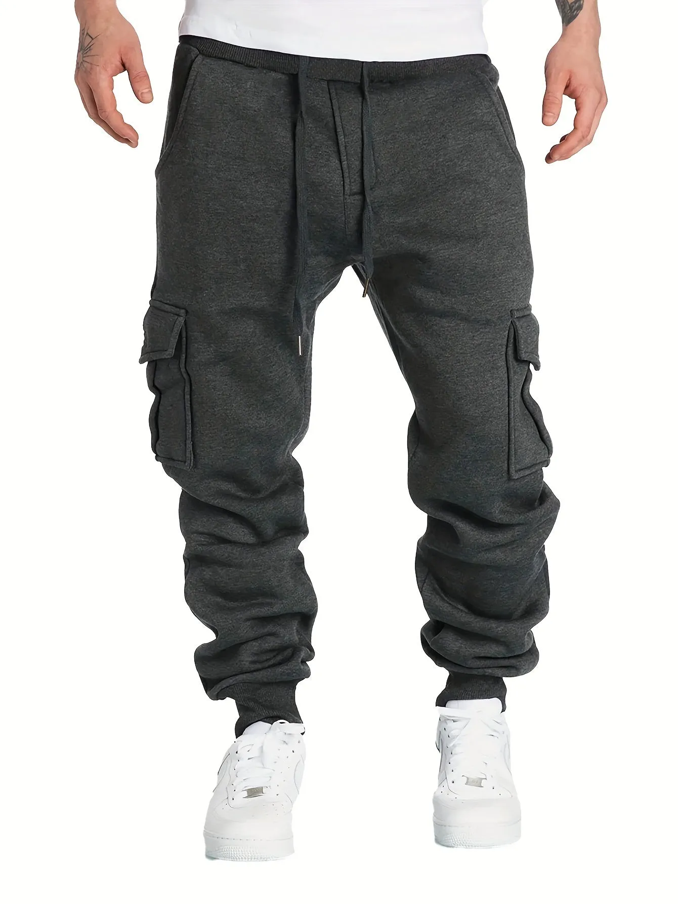 Men's Fleece Cargo Jogger Pants - Soft, Warm, Loose-Fit, Flap Pocket, Drawstring Waist, Trendy Design, Perfect for Winter Work and Casual Wear