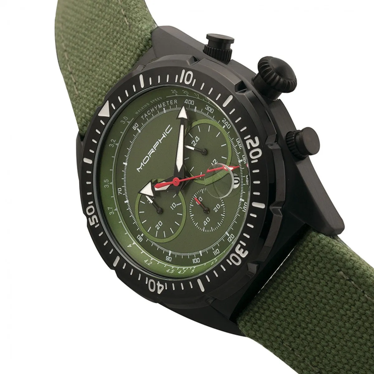 Morphic M53 Series Chronograph Fiber-Weaved Leather-Band Watch w/Date - Black/Olive