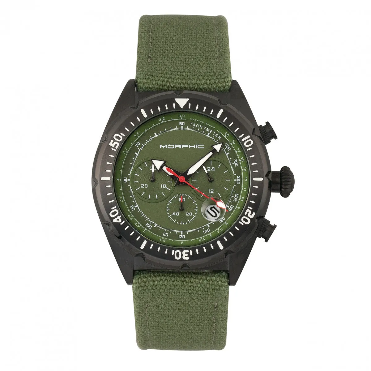 Morphic M53 Series Chronograph Fiber-Weaved Leather-Band Watch w/Date - Black/Olive