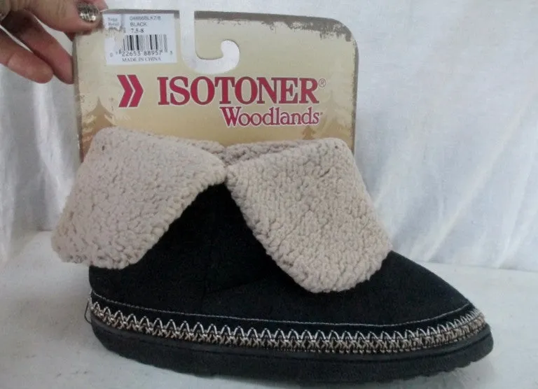 NEW Womens ISOTONER WOODLANDS Faux Suede Fur Clog Moc Slippers 7.5-8 BLACK